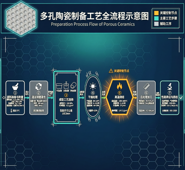 多孔陶瓷制备工艺流程示意图